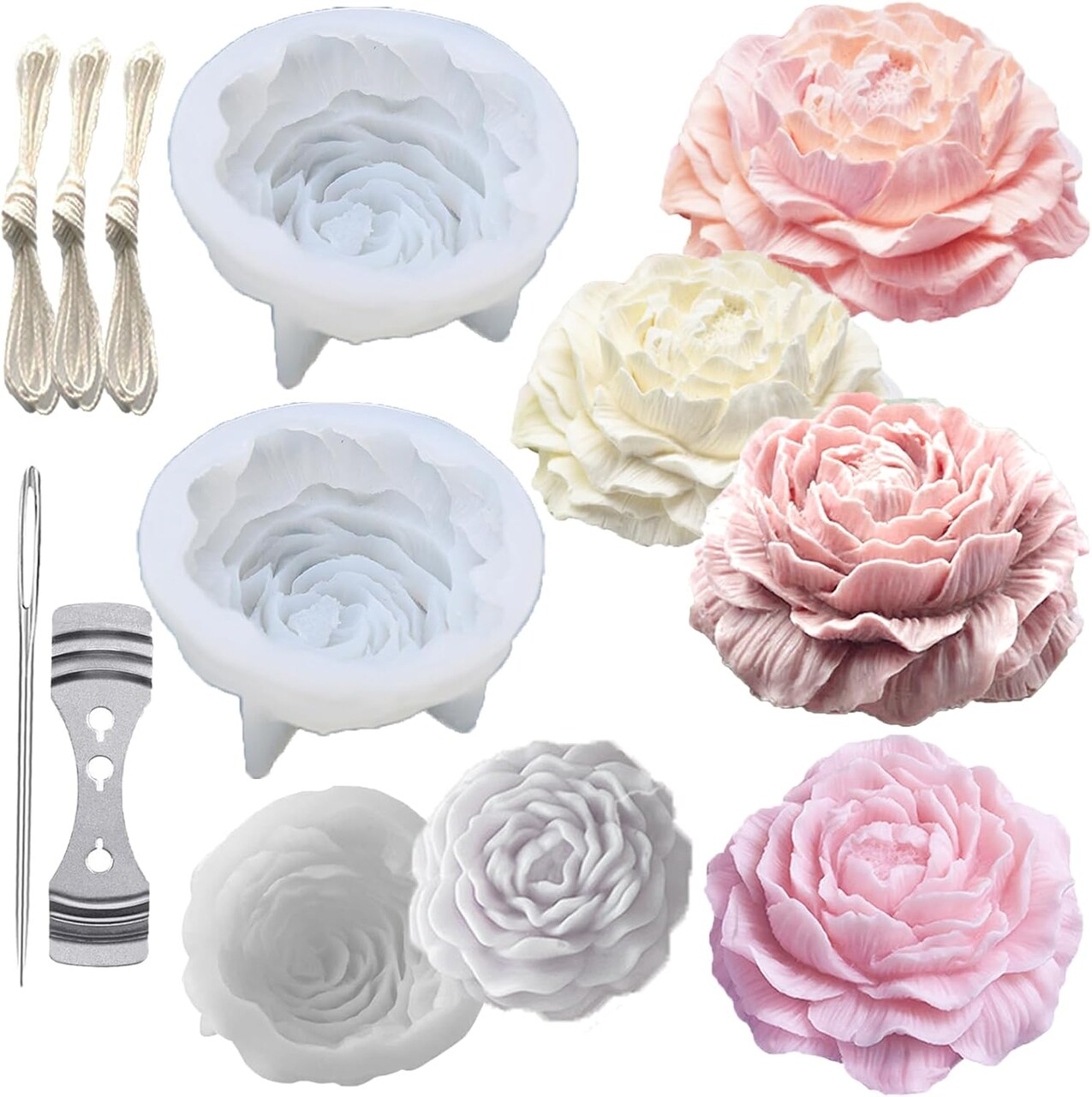 Large&Small Peony Flower Silicone Soap Molds 3PCS Peony Silicone